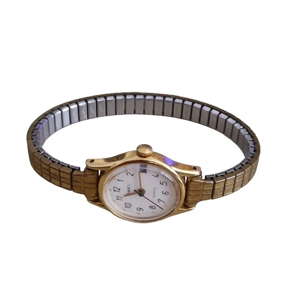 Timex Womens White Dial Gold Trim New Battery Metal Band Date Classic Cocktail